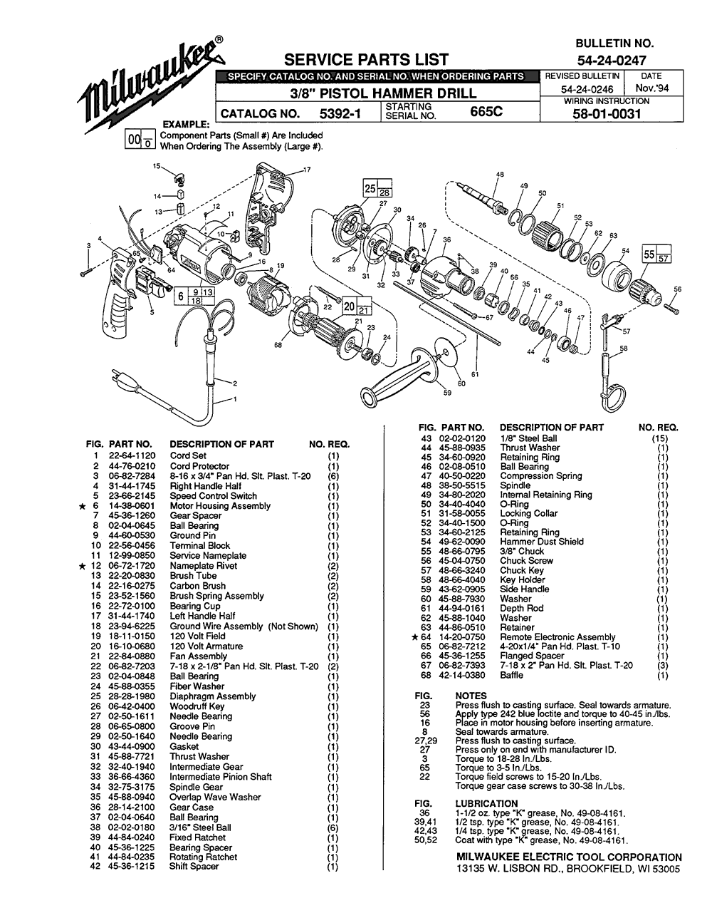 Milwaukee 5392-1 665c Parts - 3/8" Pistrol Hammer Drill
