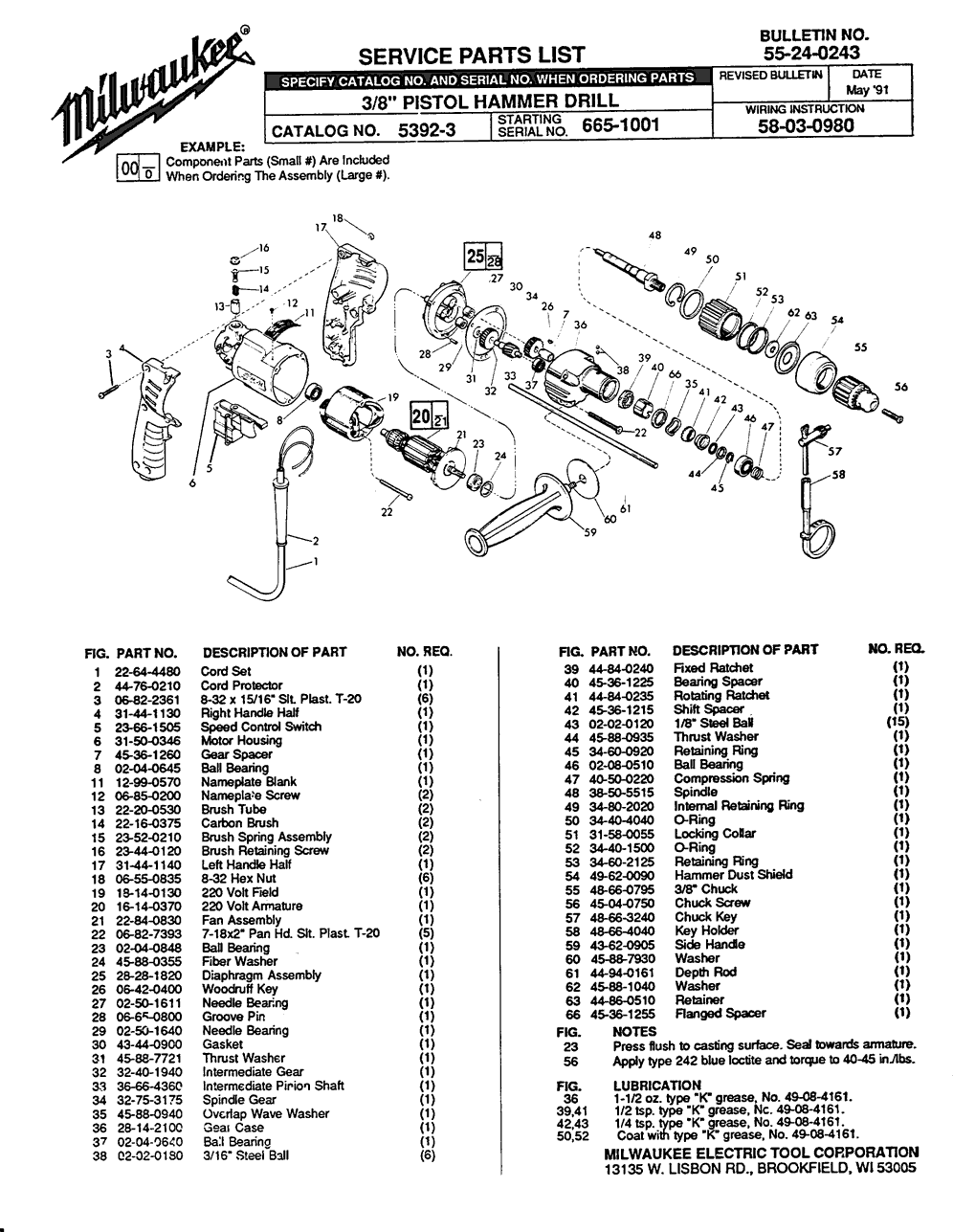 Milwaukee 5392-3 665-1001 Parts - 3/8" Pistrol Hammer Drill