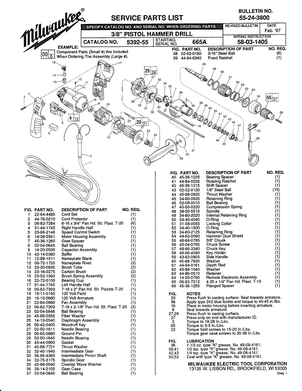 Milwaukee 5392-55 665a Parts - 3/8" Pistrol Hammer Drill