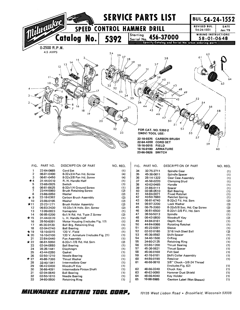 Milwaukee 5392 665-37000 Parts - Speed Control Hammer Drill