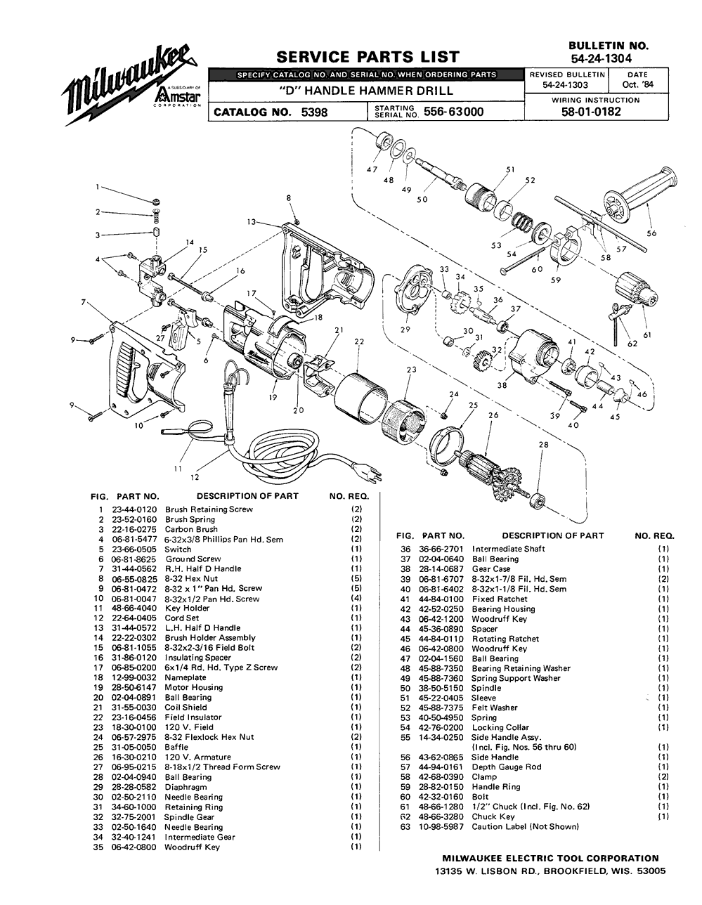Milwaukee 5398 556-63000 Parts - D-Handle Hammer-Drill