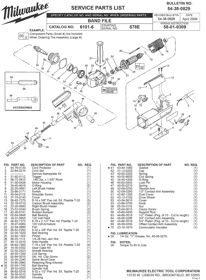Milwaukee 6101-6 878e Parts - 5.5 Amp Bandfile Parts