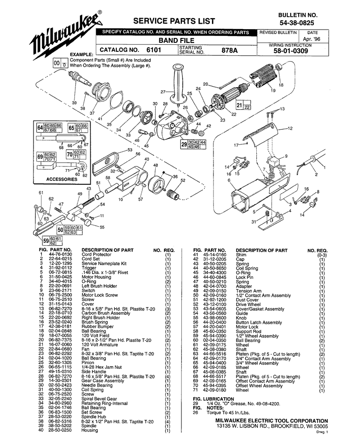 Milwaukee 6101 878a Parts - 5.5 Amp Bandfile Parts