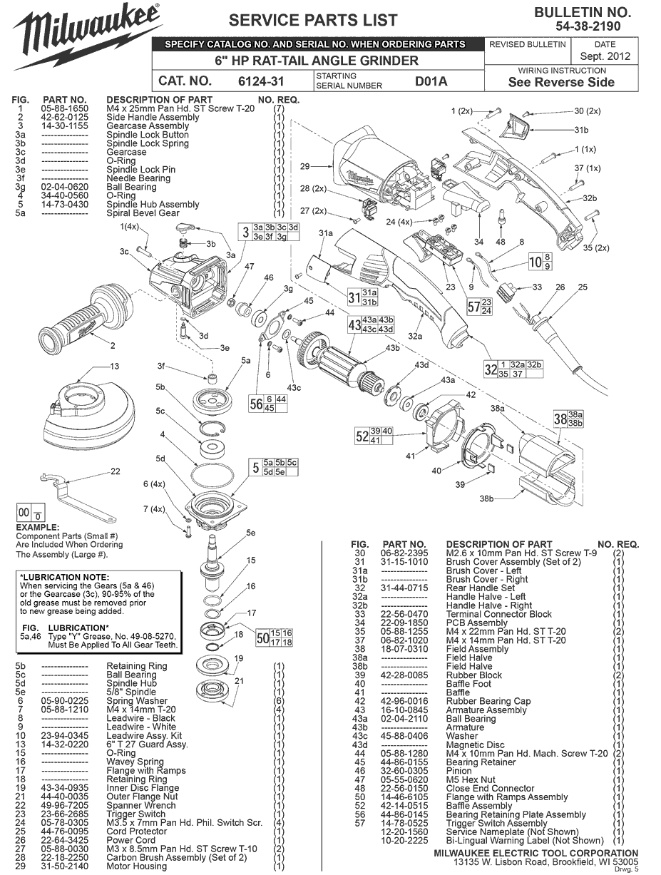 Milwaukee 6124-31 d01a Parts - 6" Rat-Tail Angle Grinder