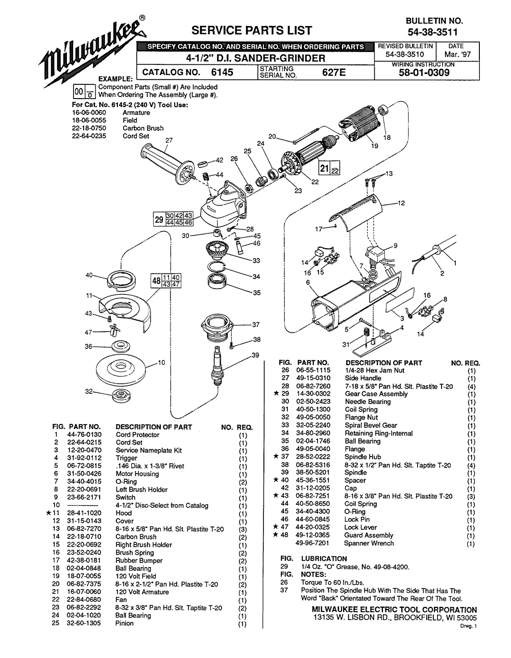 Milwaukee 6145 627e Parts - 4-1/2" D.I. Sander - Grinder