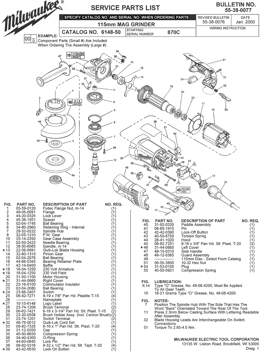 Milwaukee 6148-50 870c Parts - 115mm Mag Grinder