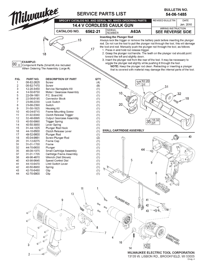Milwaukee 6562-21 a63a Parts - 14.4V Cordless Caulk Gun