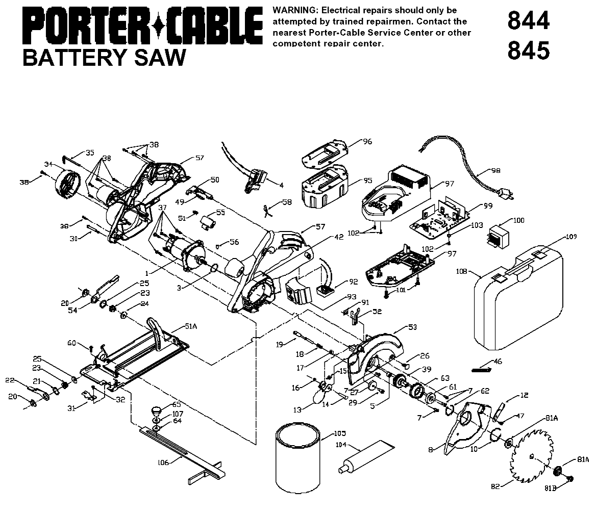 Porter Cable 9845 Cordless Circular Saw Kit Parts (Type 1)