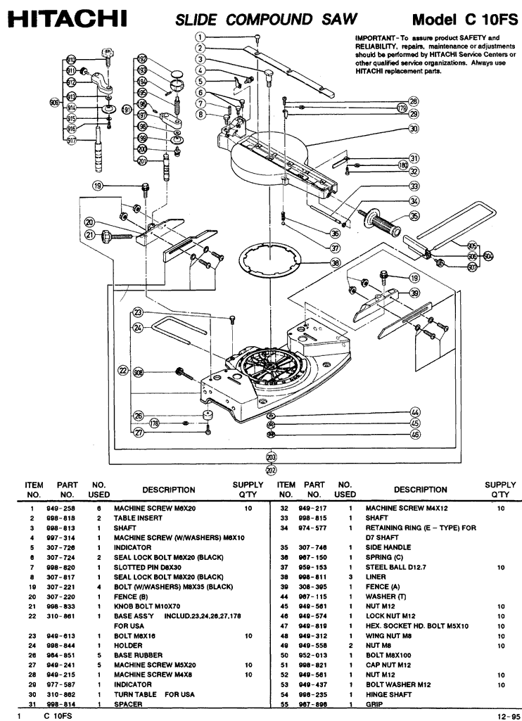 Hitachi C10FS Parts - Slide Compound Miter saw