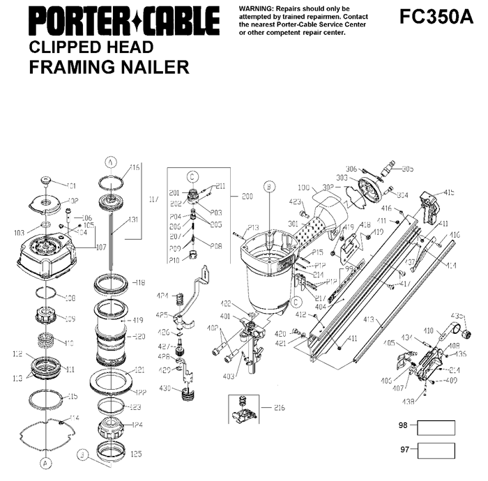 Porter Cable FC350A Clipped Head Framing Nailer Parts (TYPE 1)