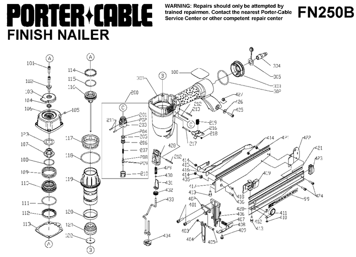 Porter Cable FN250B 16 Gauge Finish Nailer Parts