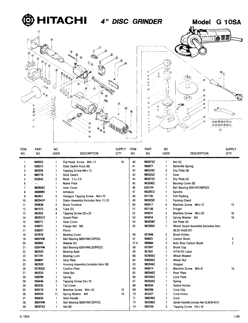 Hitachi G10SA Parts - Grinder