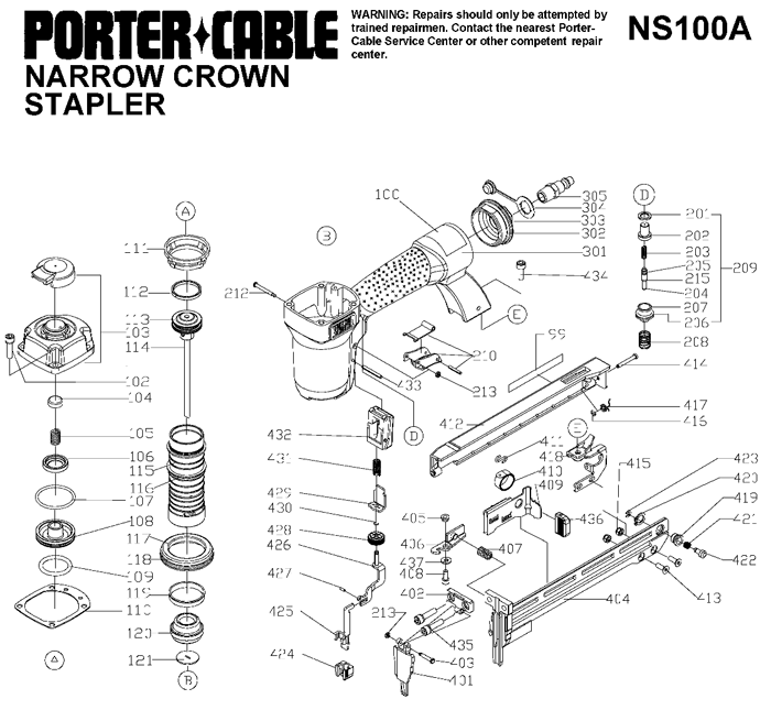 Porter Cable NS100A Narrow Crown Stapler Parts
