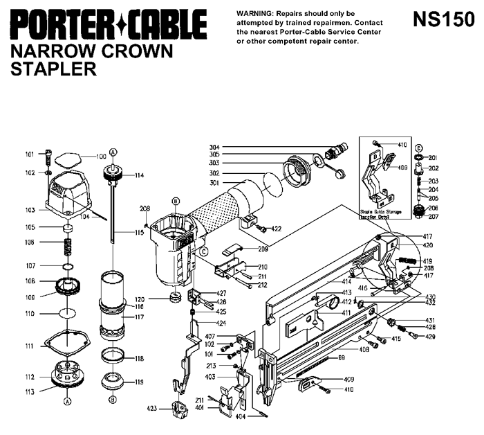 Porter Cable NS150 Narrow Crown Stapler Parts