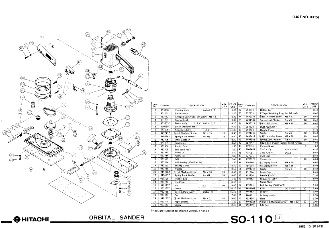 Hitachi SO-110 Parts - Orbital Sander