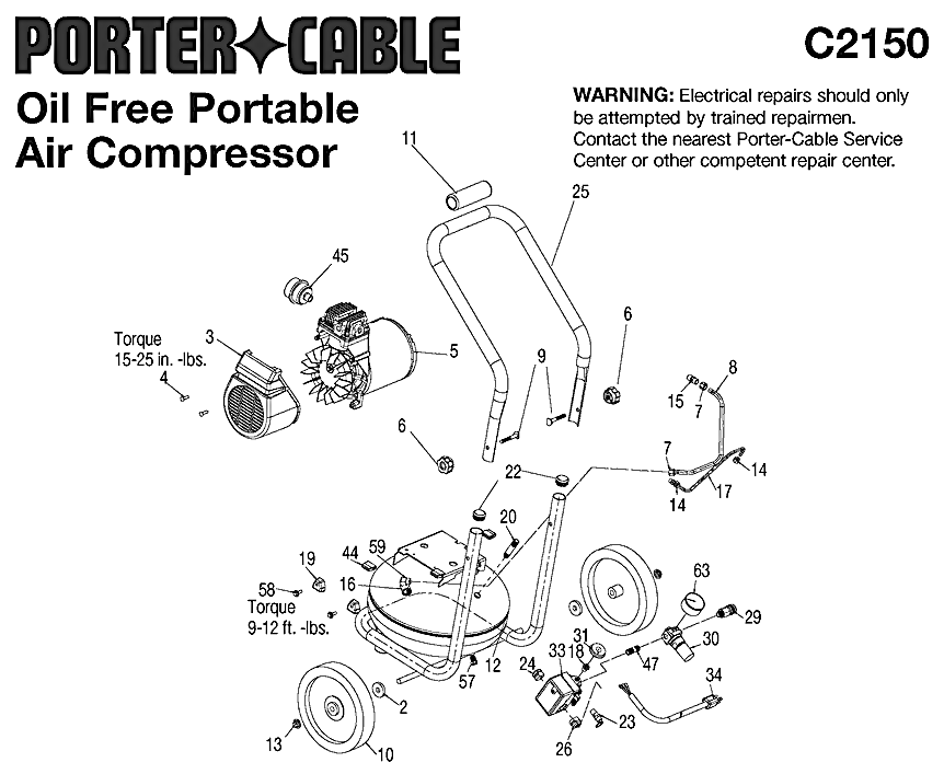 Porter Cable c2150 type-0 Parts - 150 PSI 4 Gallon Oil-Free Portable Air Compressor