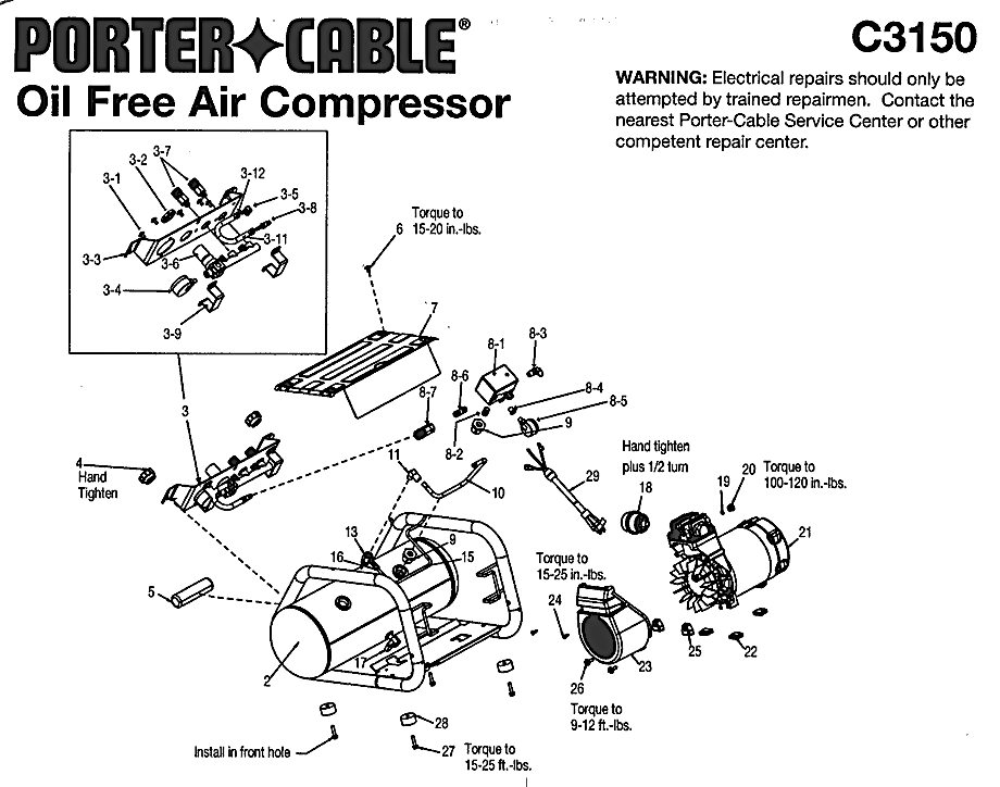 Porter Cable c3150 type-0 Parts - 3.5HP 4.5G BD PL 1STG 1