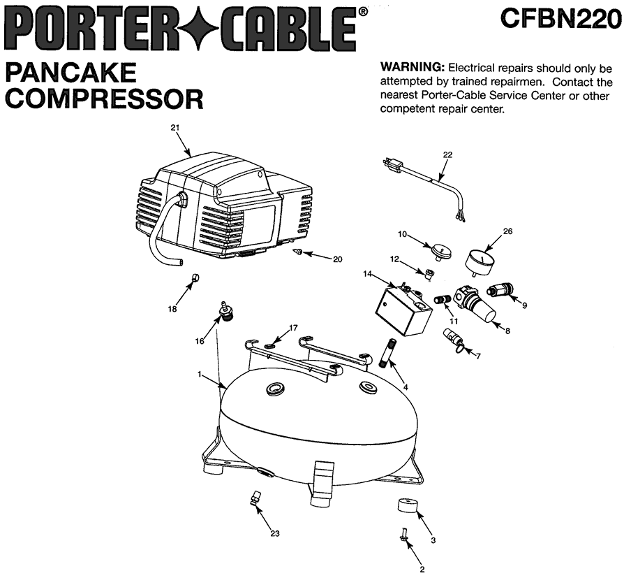 Porter Cable cfbn220 type-0 Parts - 2.0HP 6G PC UM 1STG 120 Pancake Compressor