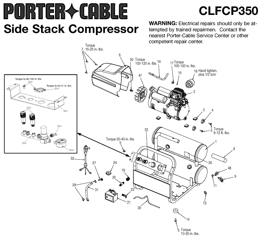 Porter Cable clfcp350 type-1 Parts - 2.5HP 4G SS DL 1S 120V Side Stack Compressor
