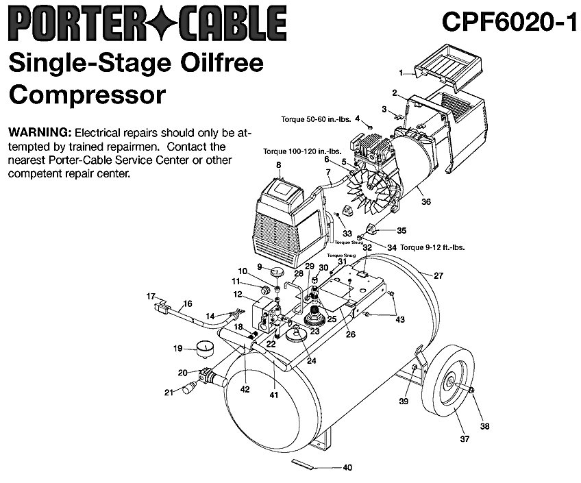 Porter Cable cpf6020 type-1 Parts - 20-Gallon Oil-less Air Compressor