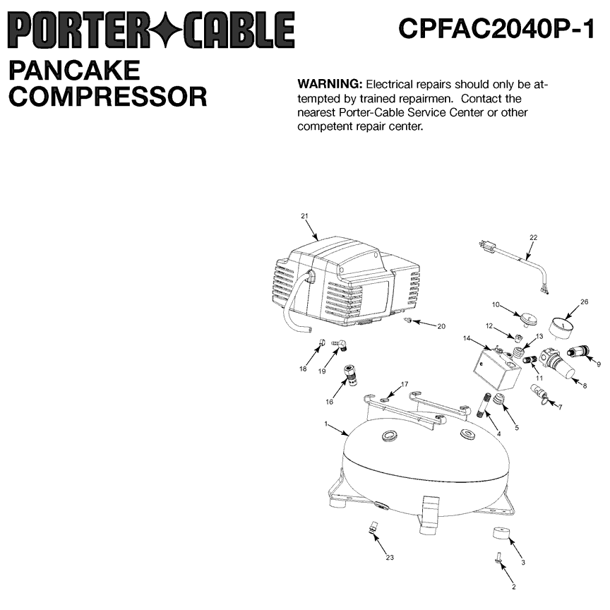 Porter Cable cpfac2040p type-1 Parts - Pancake Compressor