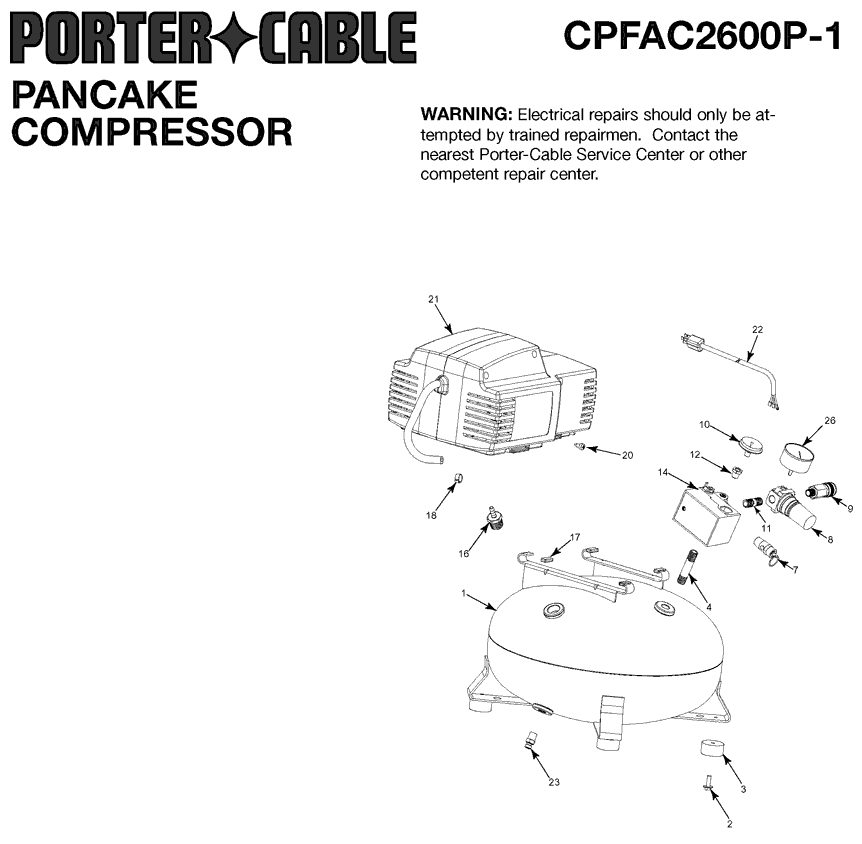 Porter Cable cpfac2600p type-1 Parts - 2 HP 6-Gallon Pancake Compressor