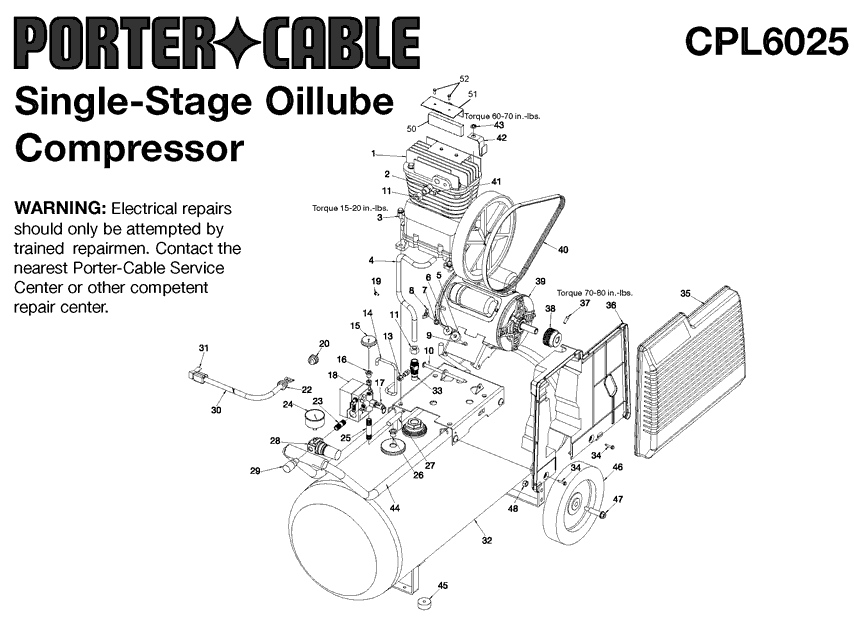 Porter Cable cpl6025 type-1 Parts - 25 Gallon Oillube Compressor