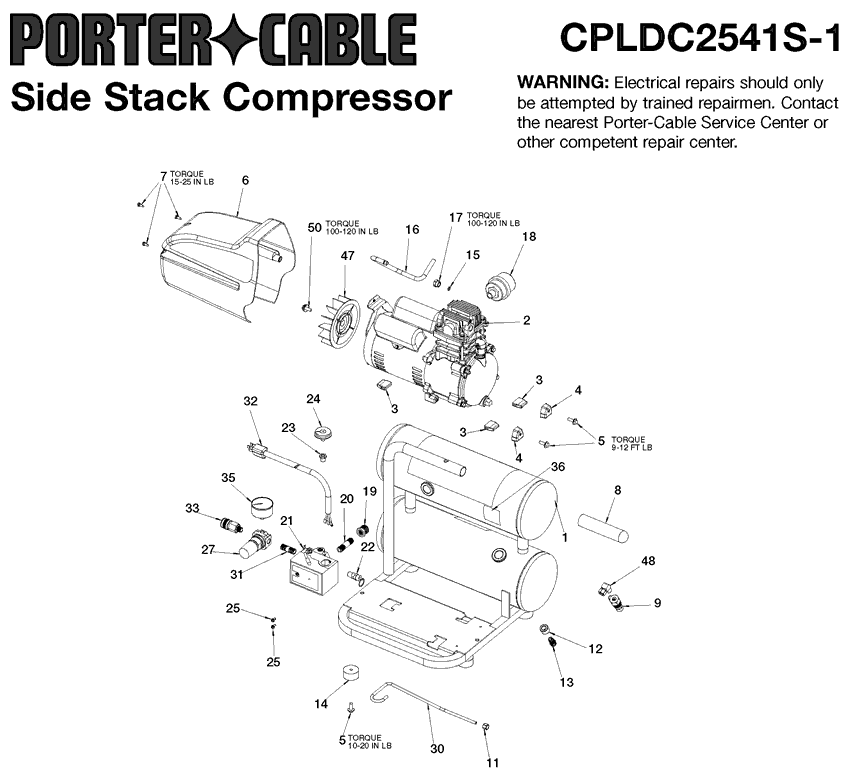 Porter Cable cpldc2541s type-2 Parts - 2.5 HP 4 Gallon Oil-Lube Air Compressor